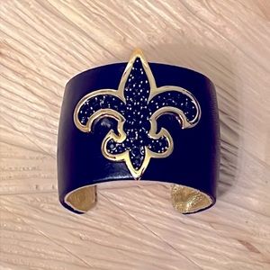 Fleur de Lis Swarovski Crystal and Black Leather Cuff